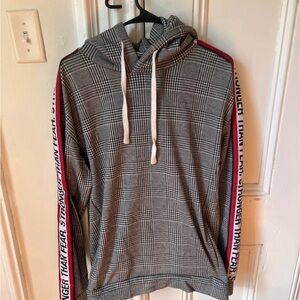 Zara Gray Checkered Hoodie with Red Stripes